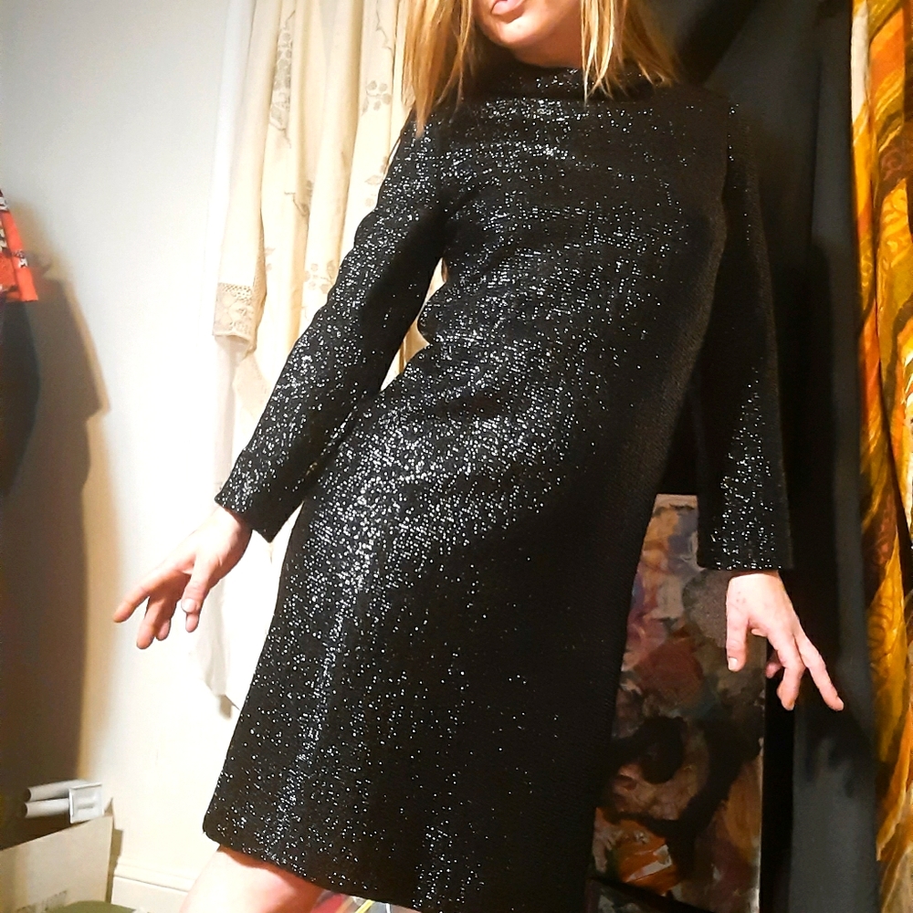 Mod 1960's metallic black midi dress by Carlye